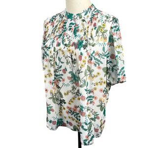 Nautica Jeans Floral Pleated Blouse White Botanical Short Puff Sleeve